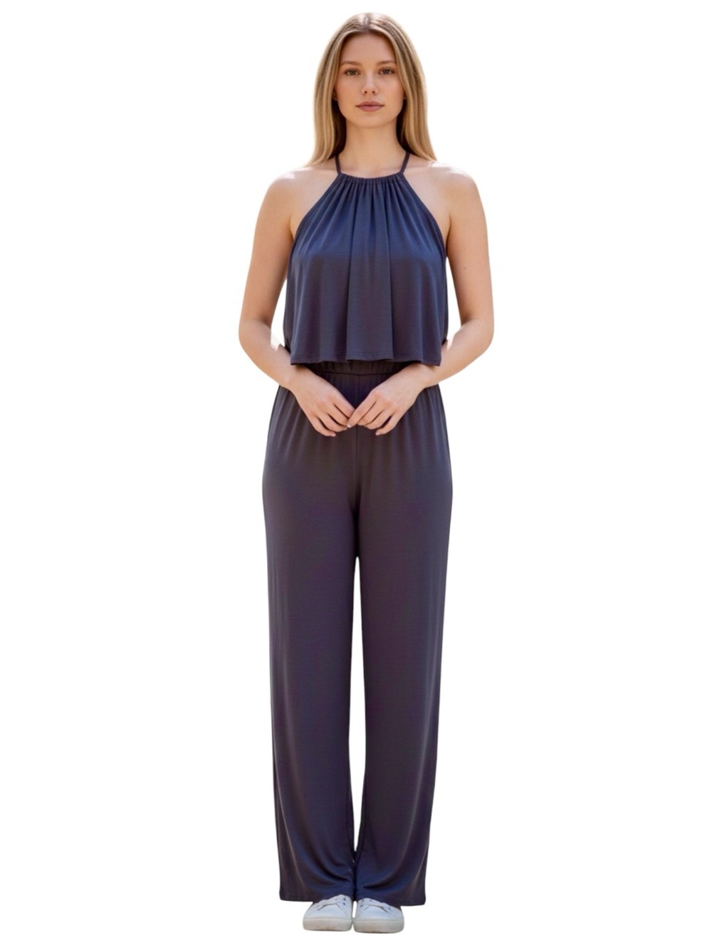 Sleeveless Navy Jersey Knit Halter Wide-Leg Jumpsuit, XL
